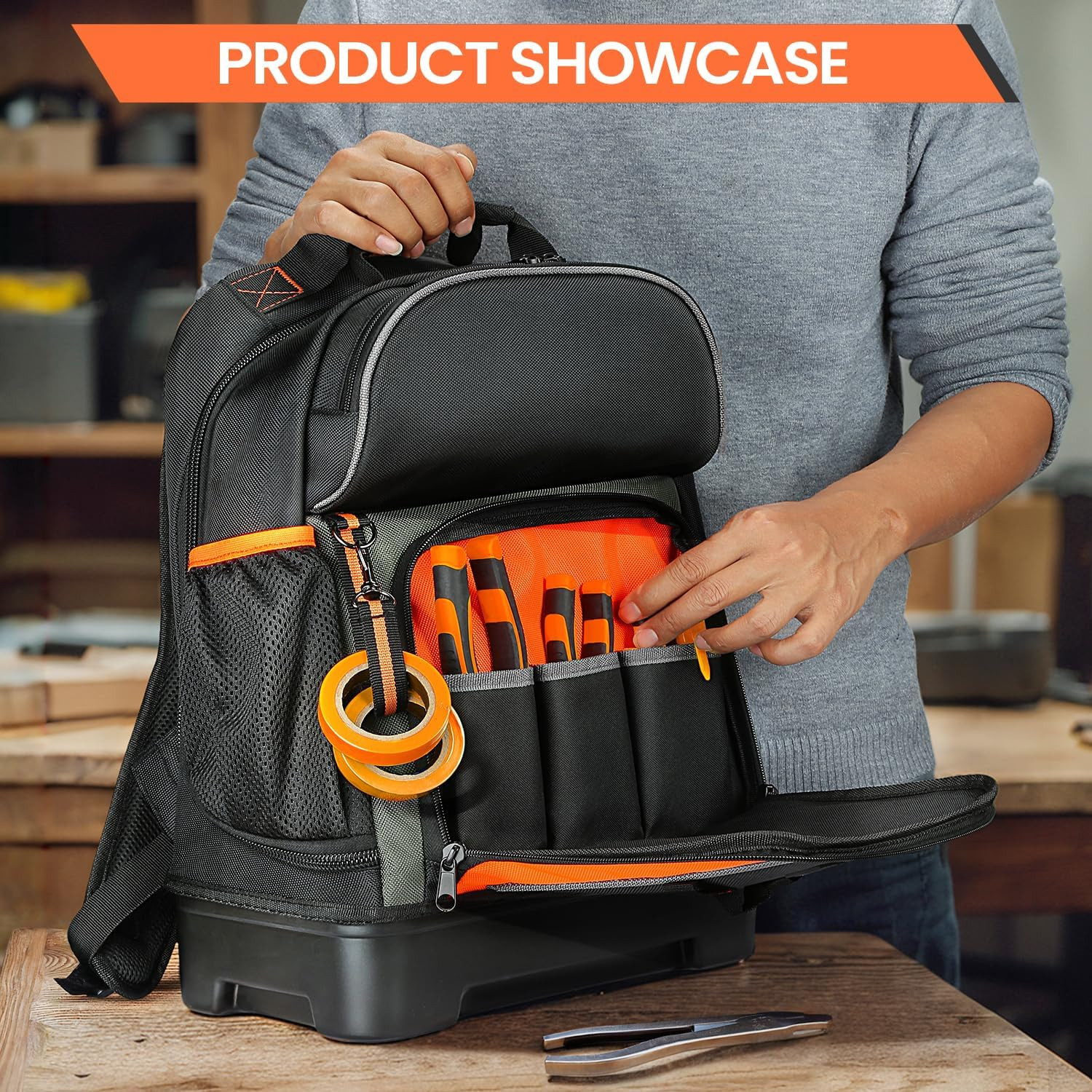 Heavy Duty Tool Bag with Multiple Compartments – Black & Orange Storage Solution