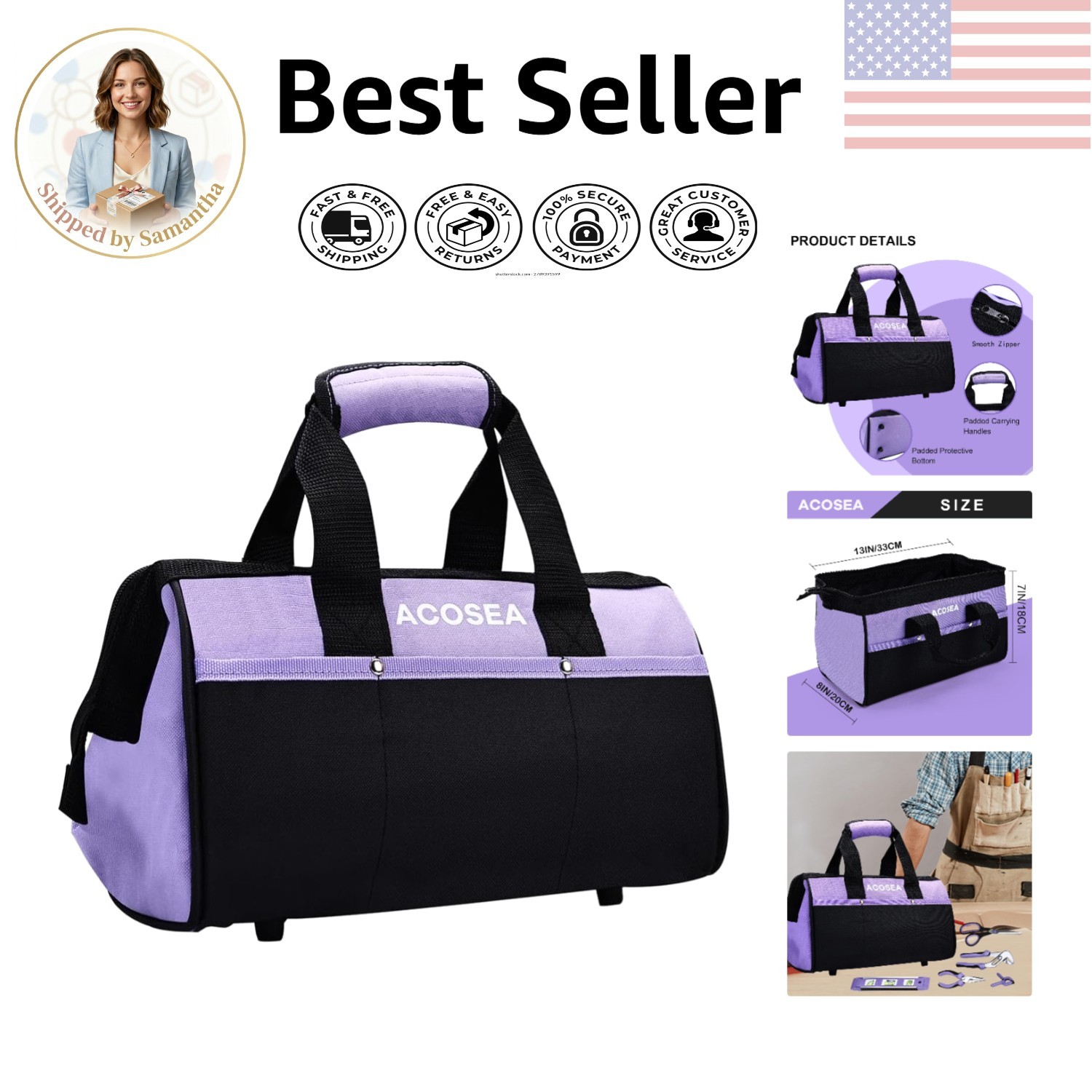 Portable Purple Tool Bag – 13″ Organizer with Padded Handle & 12 Storage Pockets