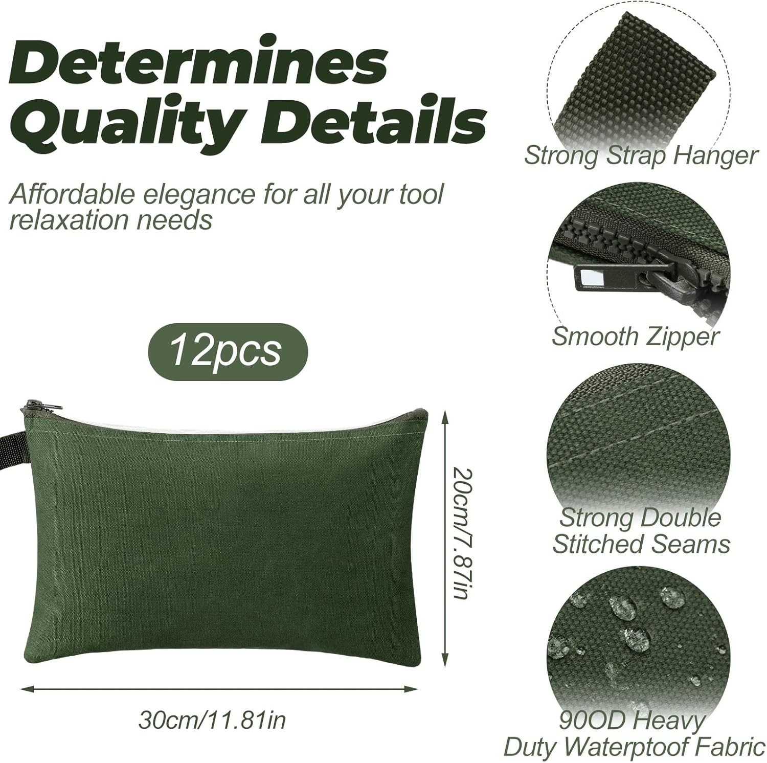 12 bolsas de herramientas de lona, ​​16 oz, resistentes, con cremallera