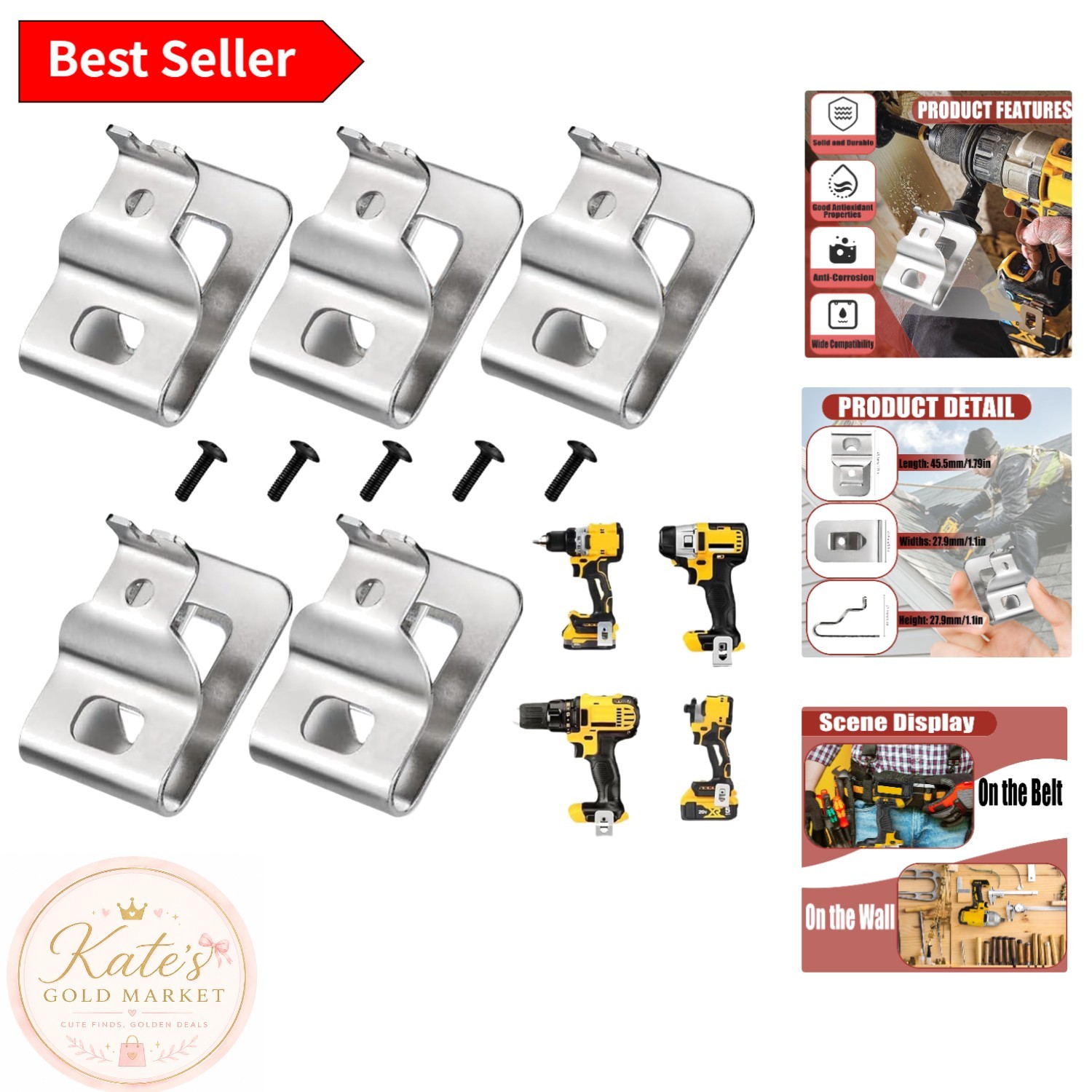 Durable Stainless Steel Belt Clips for 20V Power Tools – 5 PCS with Screws