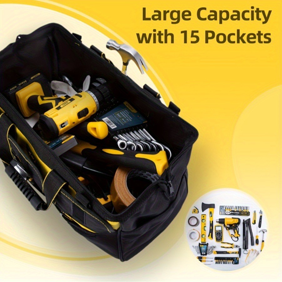 13 Inch Heavy Duty Contractor Tool Bag with 15 Pockets and Adjustable Strap
