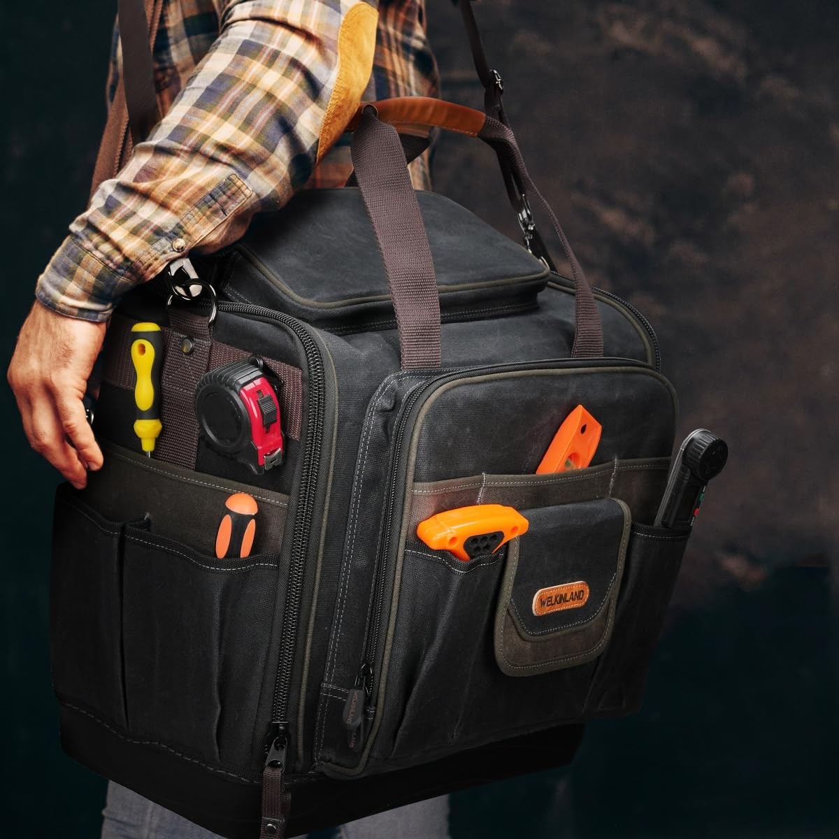 WELKINLAND 54Pockets Electrician Tool Bag, Heavy-Duty Hard Bottom Tool Bag, W…