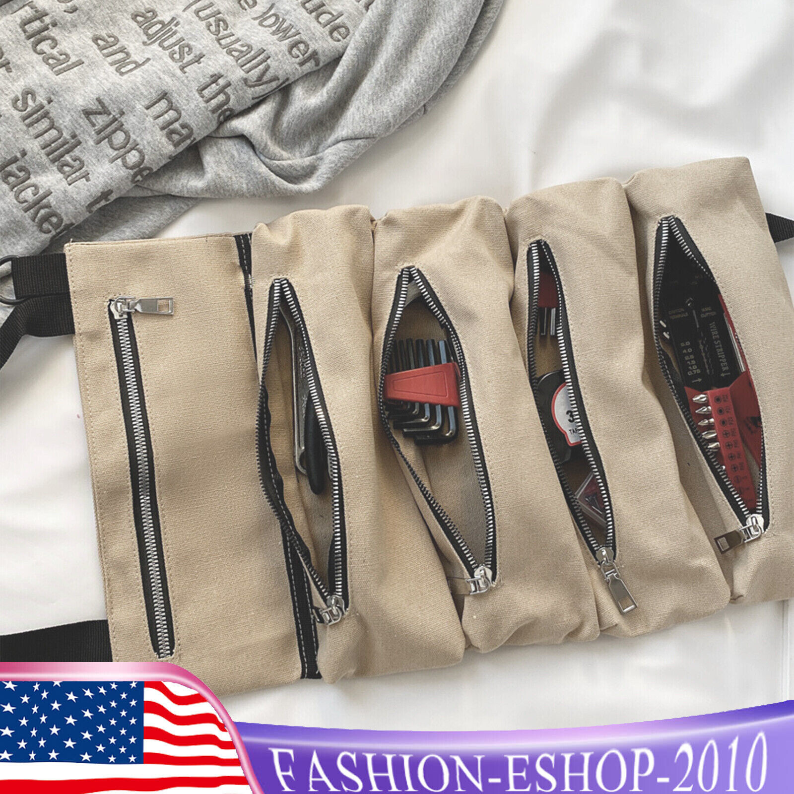 Multi-Purpose Roll Up Tool Bag Wrench Pouch Hanging Organizer Storage 5-Pockets