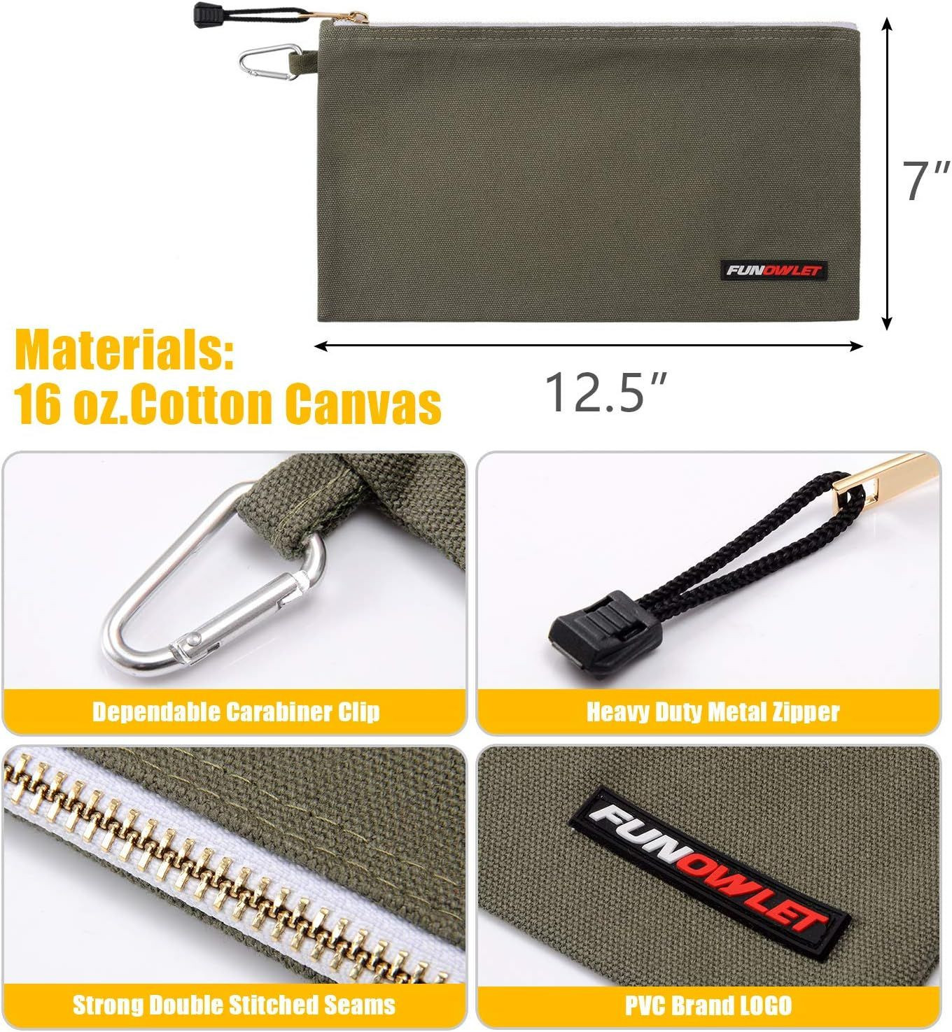 FunOwlet Utility Canvas Zipper Tool Bag ONE SIZE, Olive, Orange, Blue, Yellow