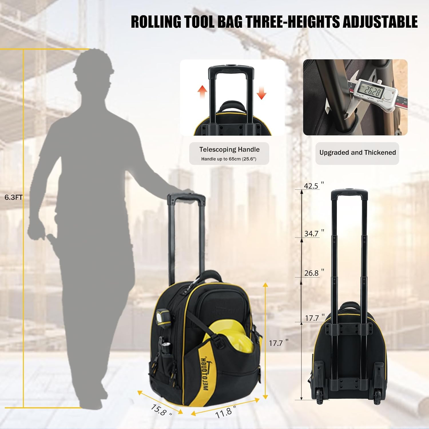 Wheeled Tool Backpack with 35 Pockets & Laptop Sleeve – Water Resistant Yellow