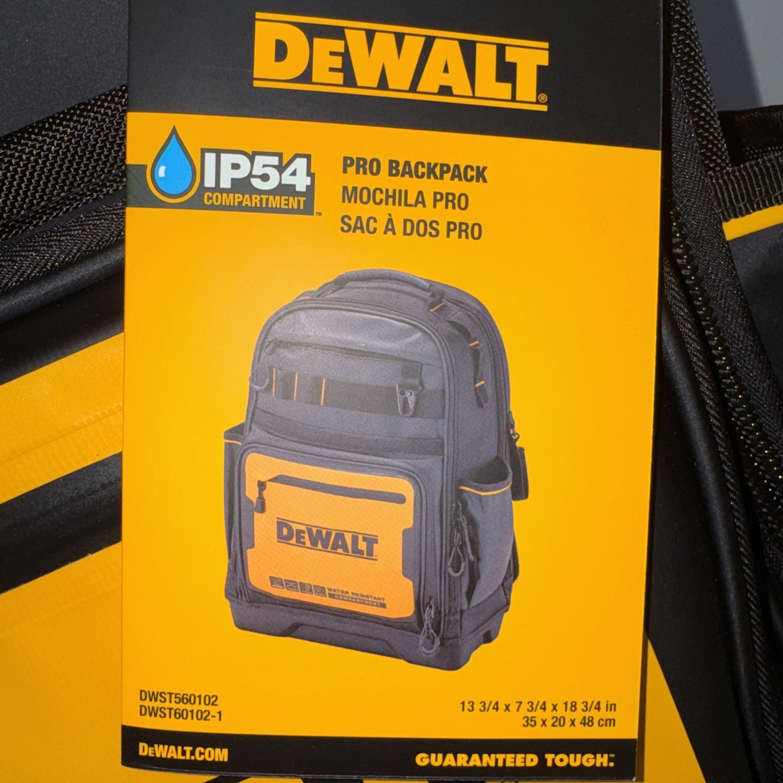DEWALT Pro Backpack Black/Yellow Polyester, 7.75” x 18.75” x 13.75” DWST60102-1