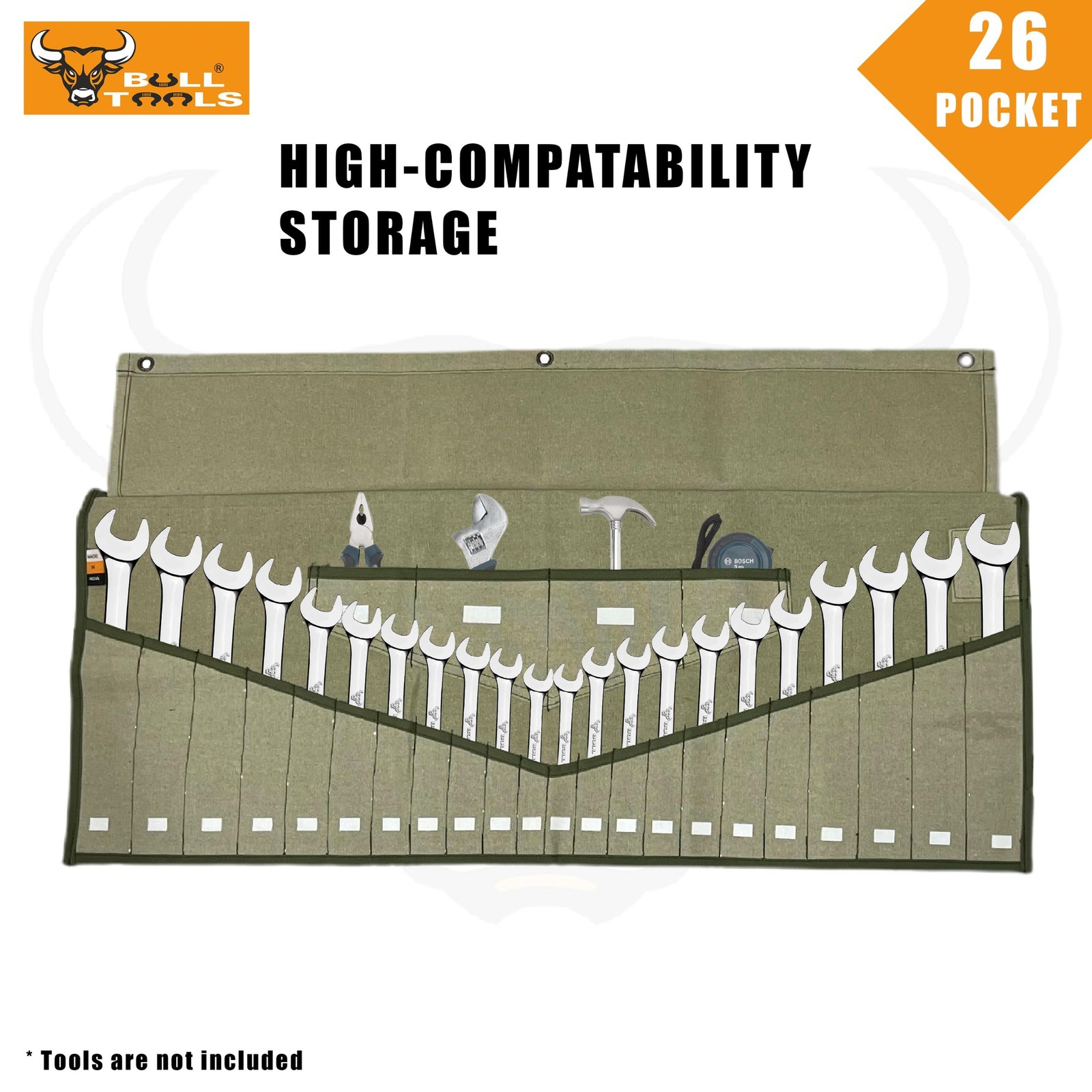 BULL TOOLS Wrench Roll, 26 Pocket Tool 26 Pocket, Sand Washed Olive Drab