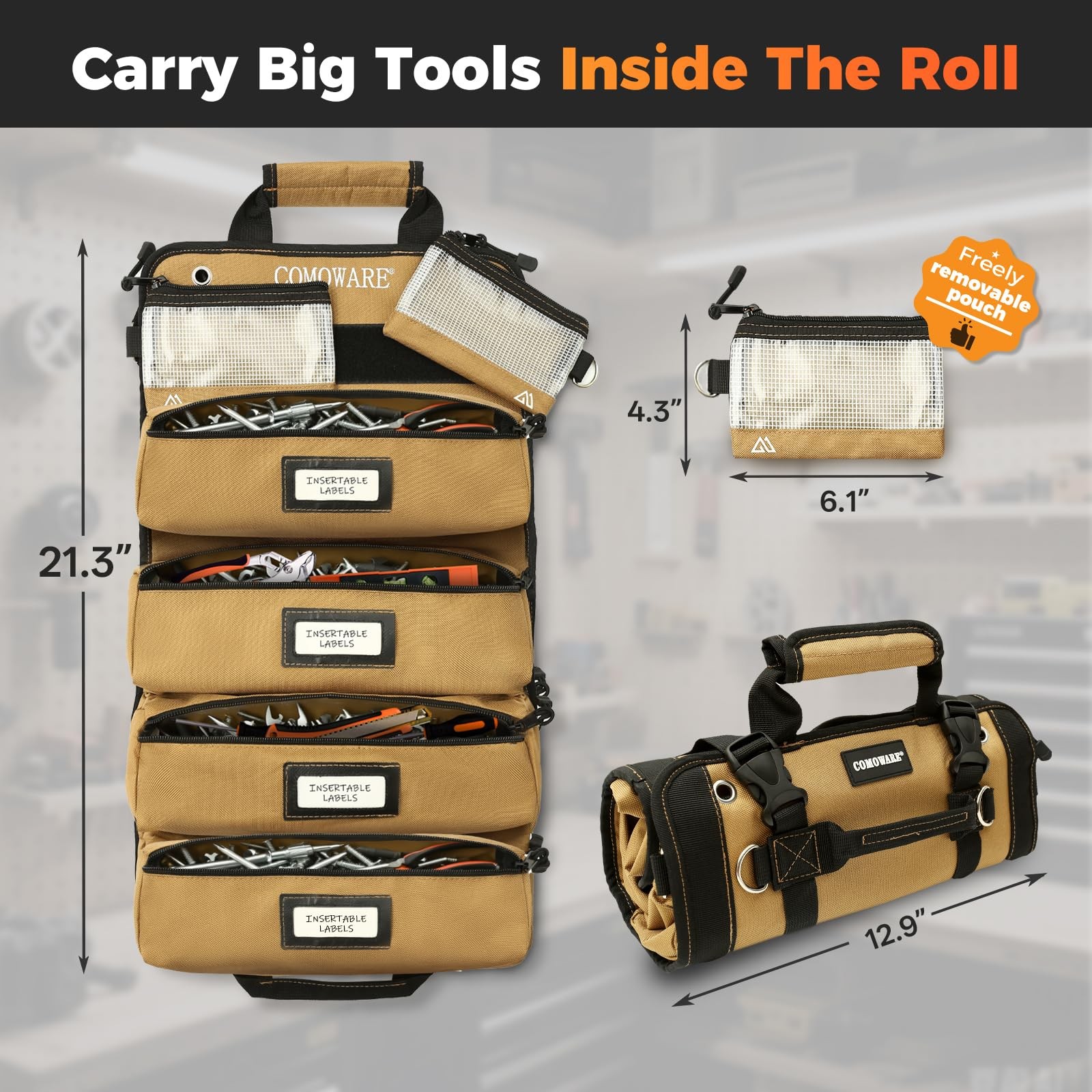 COMOWARE Roll Up Tool Bag, 600D Oxford PVC Coated Tool Organizer with 11 Pouc…