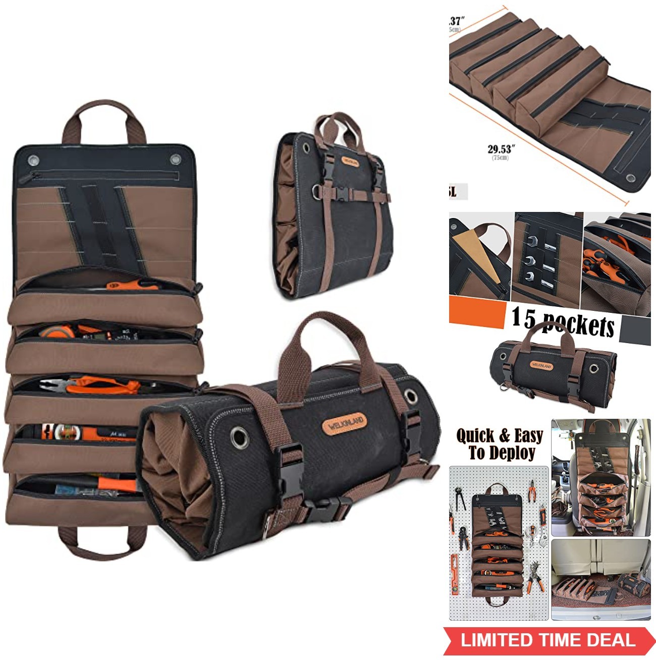 Heavy Duty Waxed Canvas Tool Roll 15 Pocket 15L Waterproof Roll Up Tool Bag