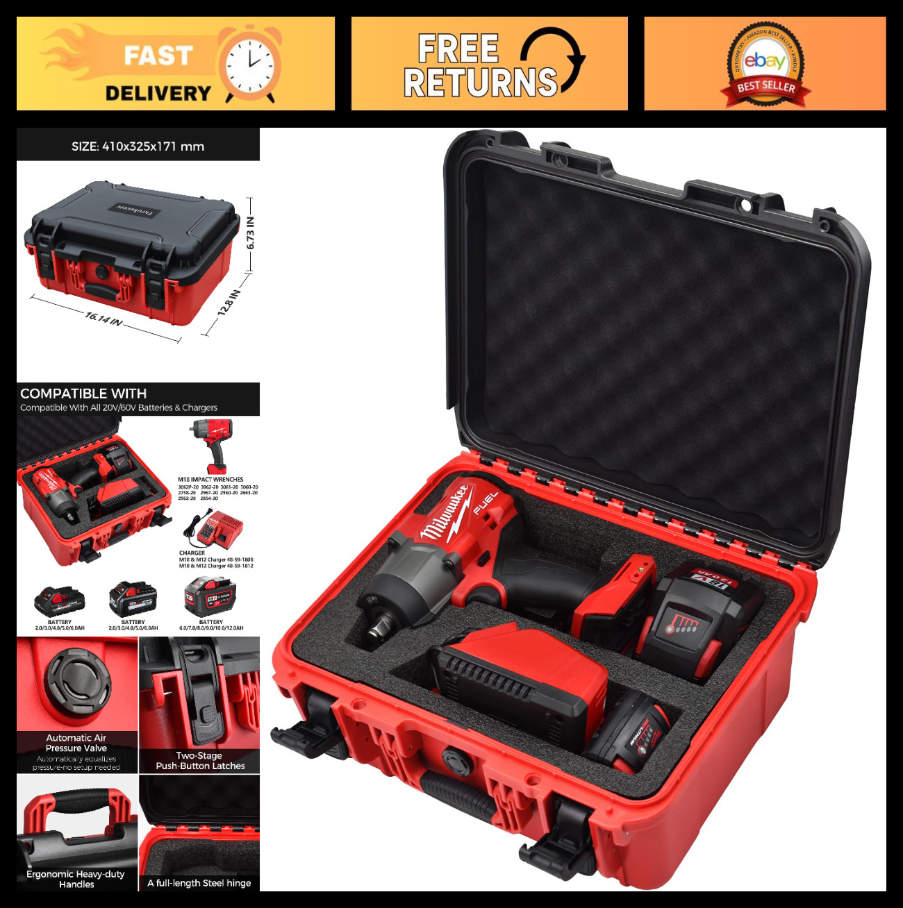 Waterproof Hard Tool Case for 18V/20V Cordless Impact & Torque Wrenches, Battery