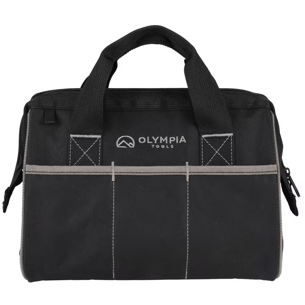 12 In. Black Weather-Resistant Wide Mouth Tool Bag, Adjustable Shoulder Strap