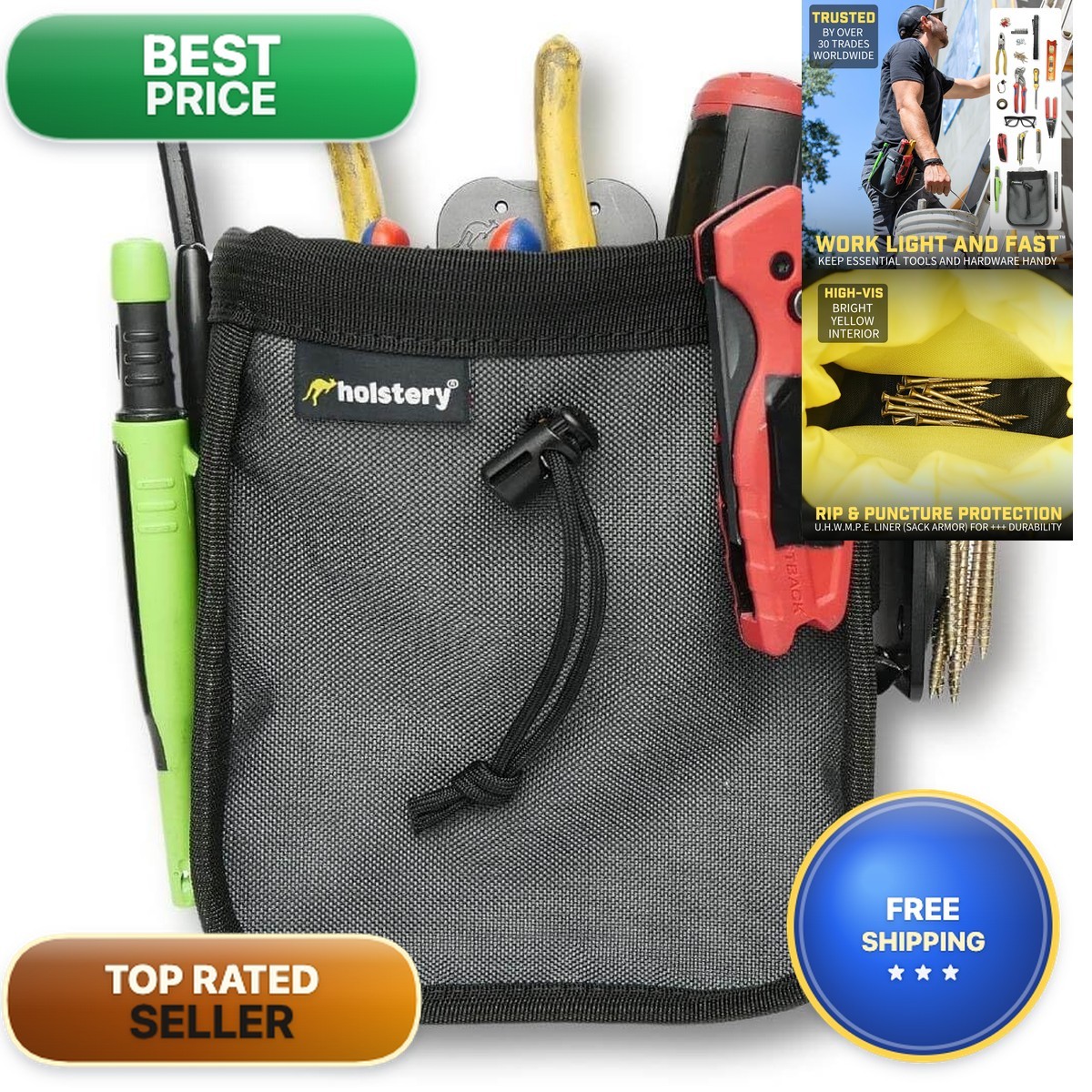 Holstery Big Joey Pouch PRO Clip-On Tool Belt Bag with Metal Clip