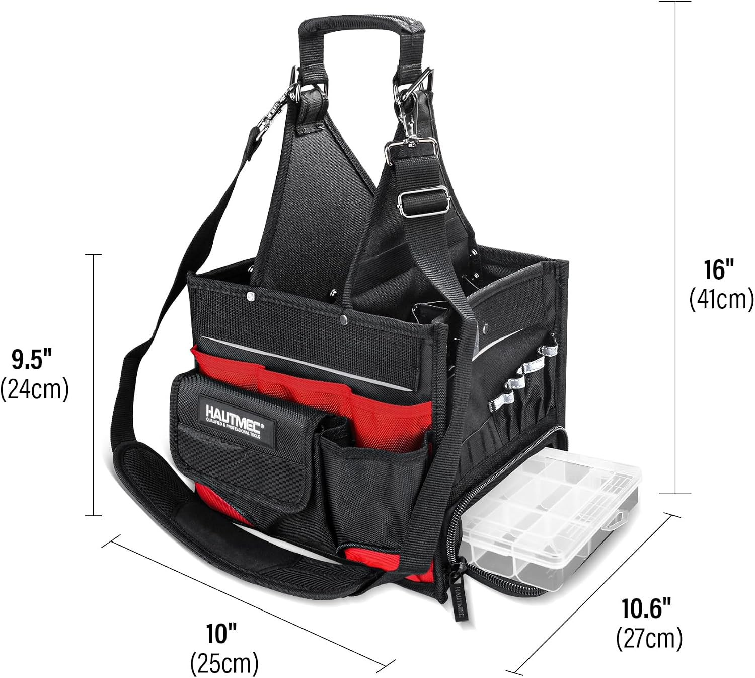 HAUTMEC Heavy-Duty Electrician Tool Bag with Parts Tray, 37-Pocket Open Top Tool