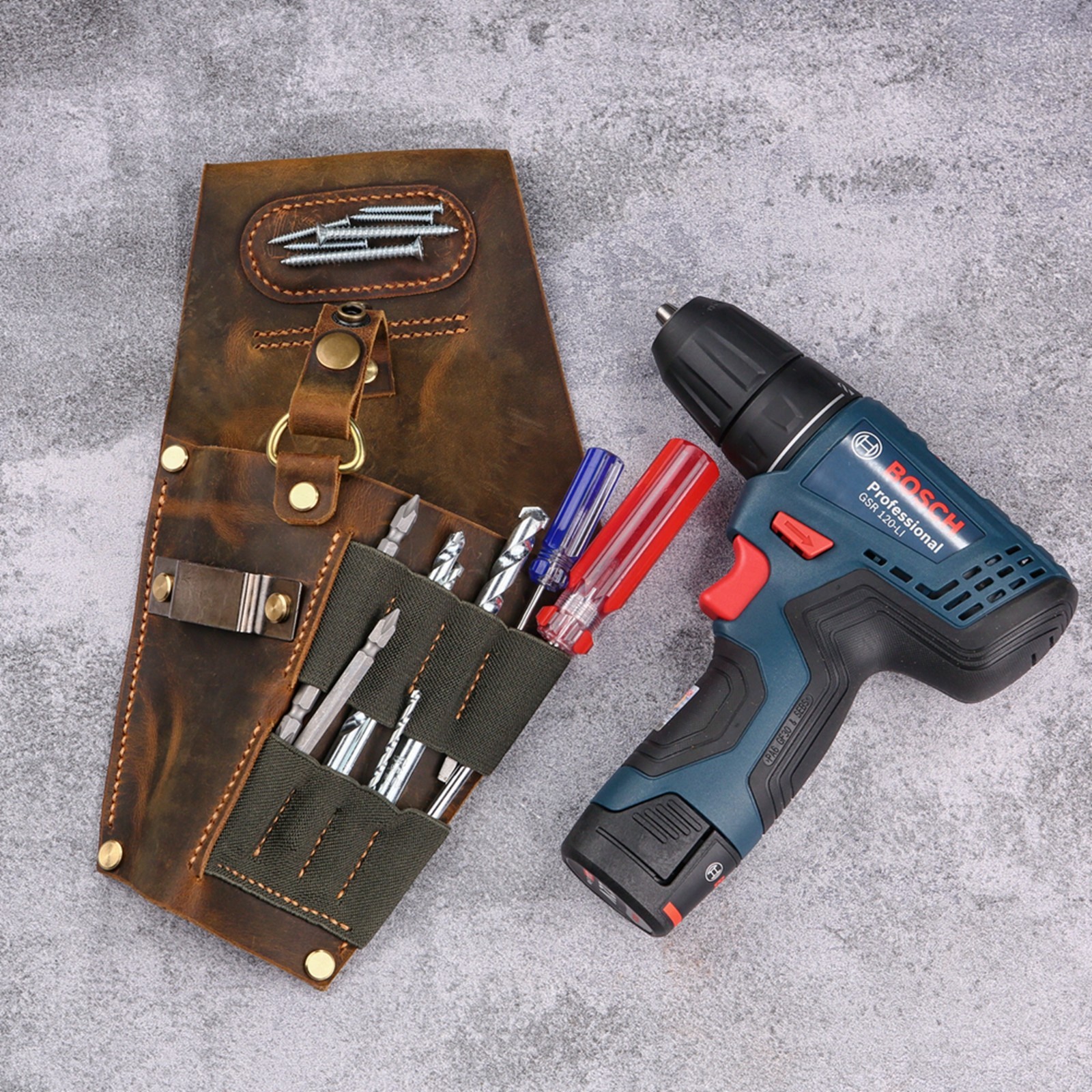 Leather cordless compact drill holder for tool belt, real leather drill holster