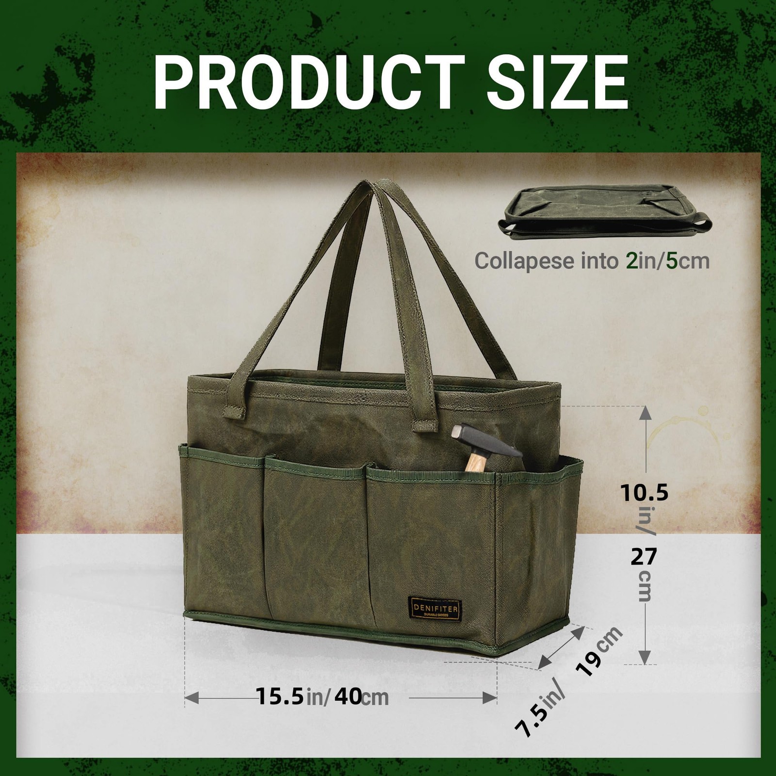 Tool Bag with Metal Frame, Waxed Canvas Wide Open Top Tool Tote Bag with 9 Ex…