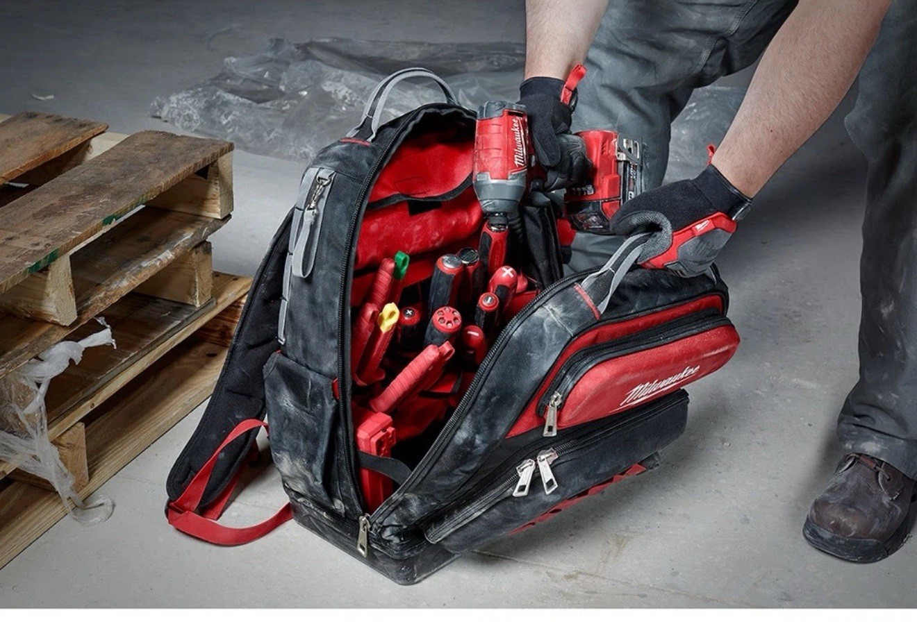 Milwaukee 48-22-8201 48-Pocket Hard Molded Ultimate Jobsite Backpack, Black/Red