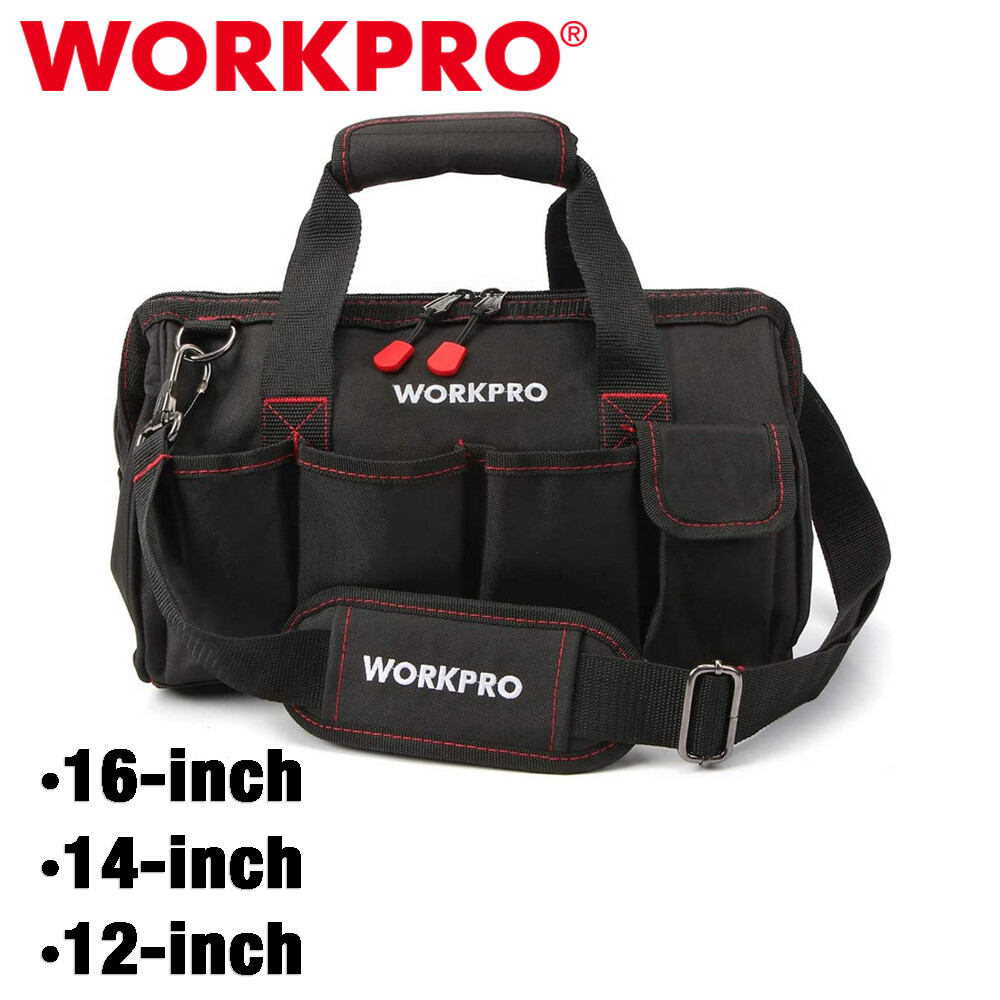 WORKPRO Close Top Wide Mouth Tool Storage Bag 16″/14″/12″ Rubber Base Pocket Bag
