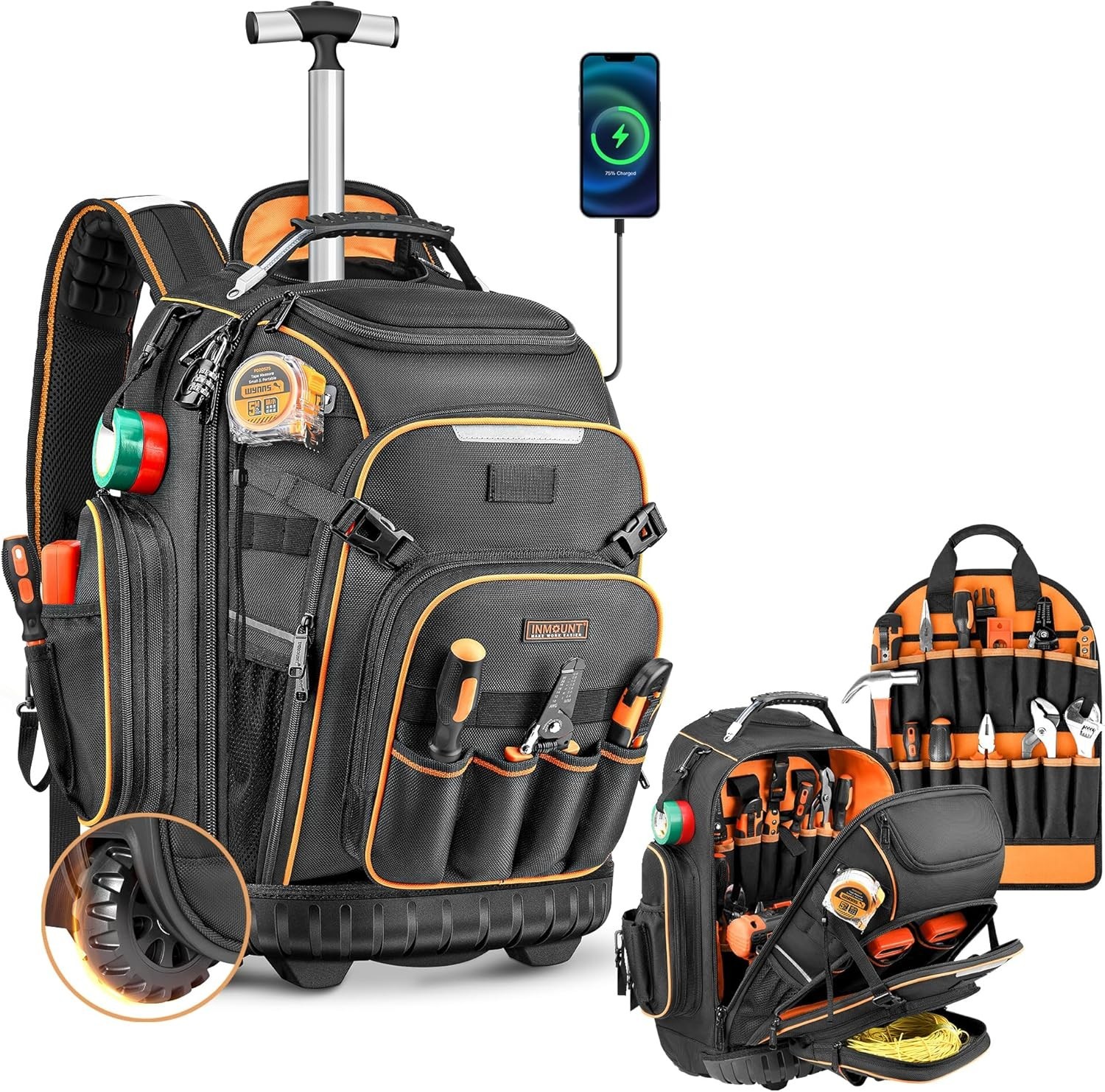 Tool Backpack with Smooth Swivel Wheels and Adjustable Trolley Handle