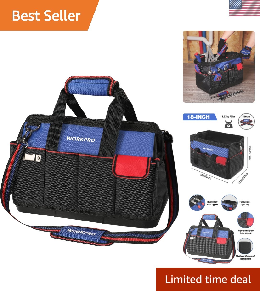 Lightweight & Durable 18″ Open Top Tool Organizer with Adjustable Straps