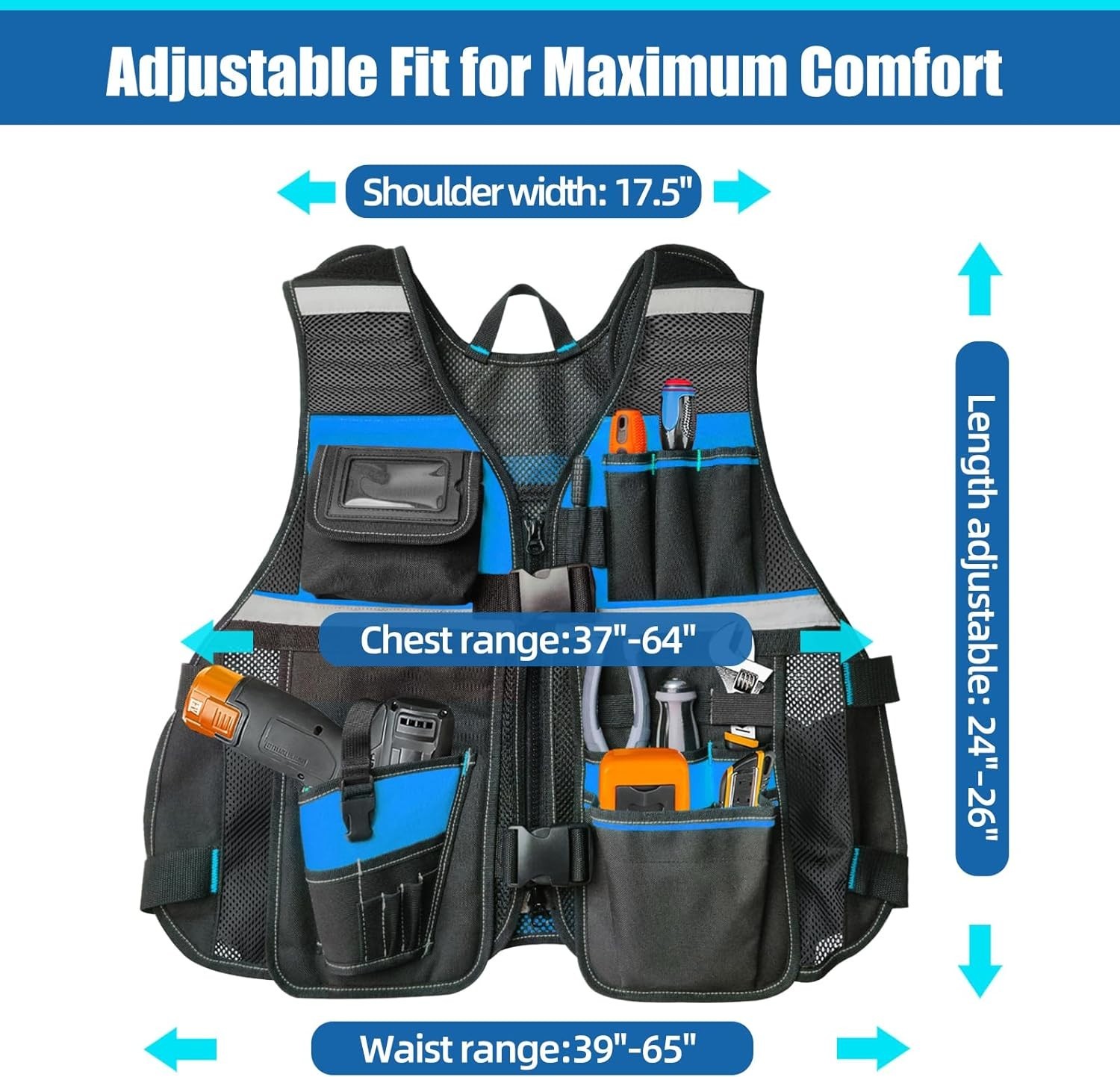 Electrician Tool Vest for Men, Hi Vis Tool Vest with 17 Compartments, Blue