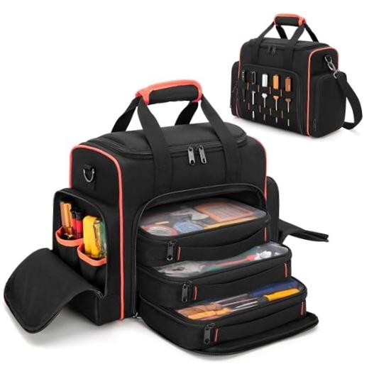 Tool Bag with 3 Removable Cases, 2 Layers Tool Tote for Black with Red Binding