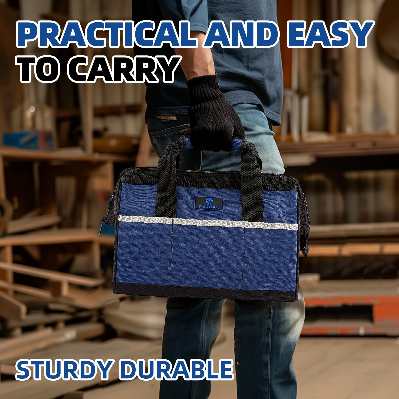 Blue Black 13 Inch Wide Mouth Tool Bag Organizer Heavy Duty Waterproof