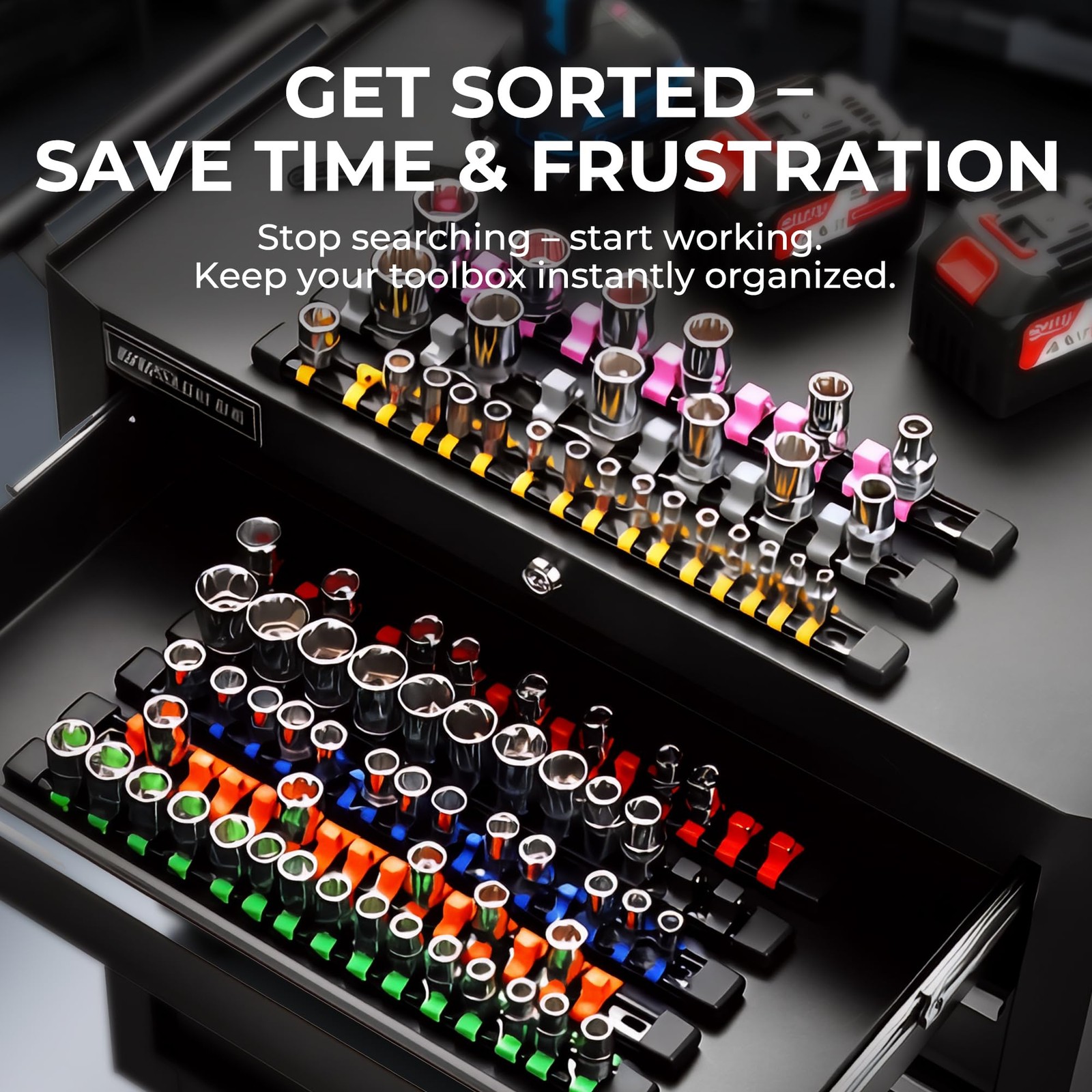 Reniteco 9-Piece Socket Organizer Set – 1/4-Inch x 48 9 Pcs, Blue&red&black