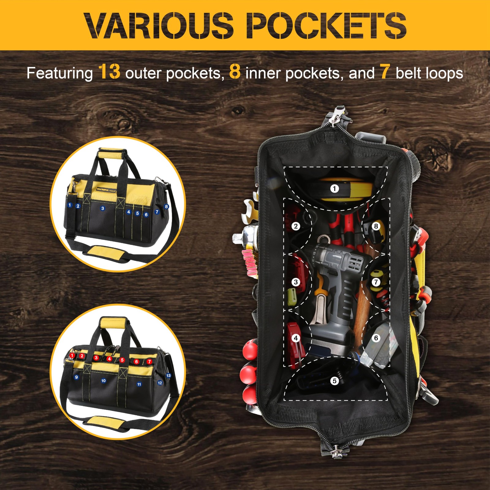 S 16 Inch Wide Mouth Tool Bag Molded Waterproof Base With 21 Pockets And 7 Belt