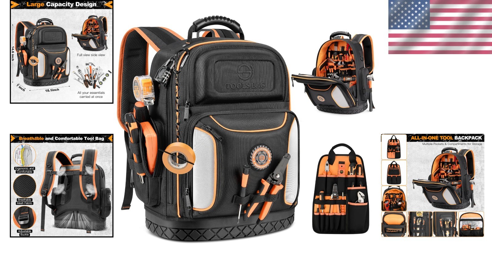 Professional Tool Backpack with 75 Pockets & Pull-Out Storage – Black & Orange