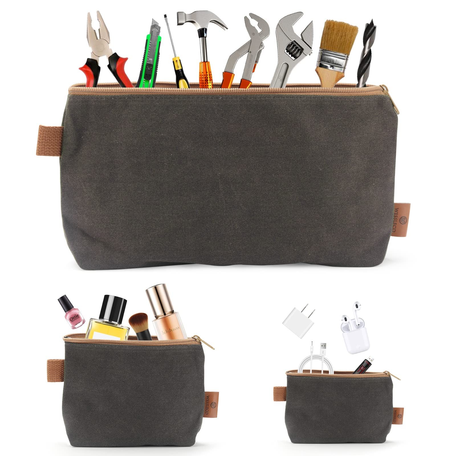 3 Pack Tool Pouch with Zipper, 16OZ Waxed Canvas Multipurpose Utility Tool Po…