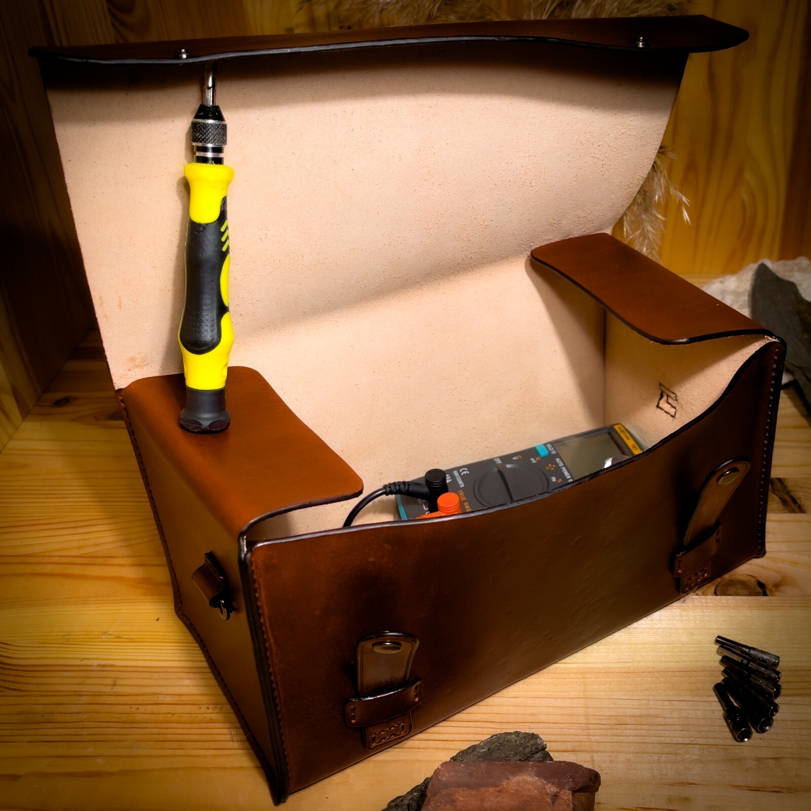 Leather tool bag. Toolbox for instruments in home or car. Leather box. Handmade