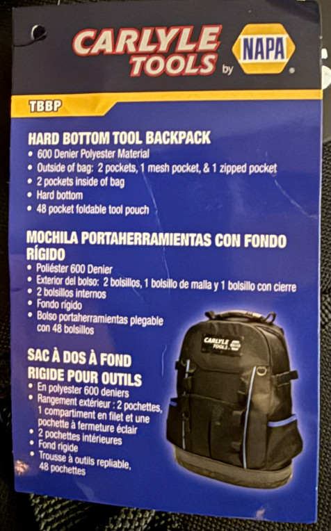 NAPA Carlyle Tools Heavy Duty Hard Bottom Tool Backpack Black Blue Rugged TBBP