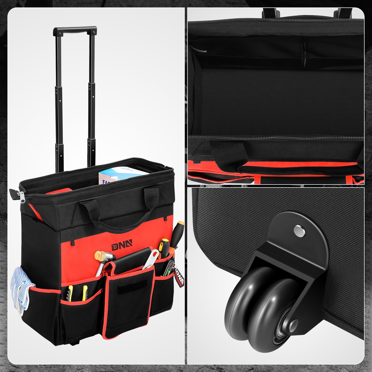 18″L x 8.8″W x 14.5″H 600 Denier Oxford Rolling Tool Bag w/ Telescoping Handle