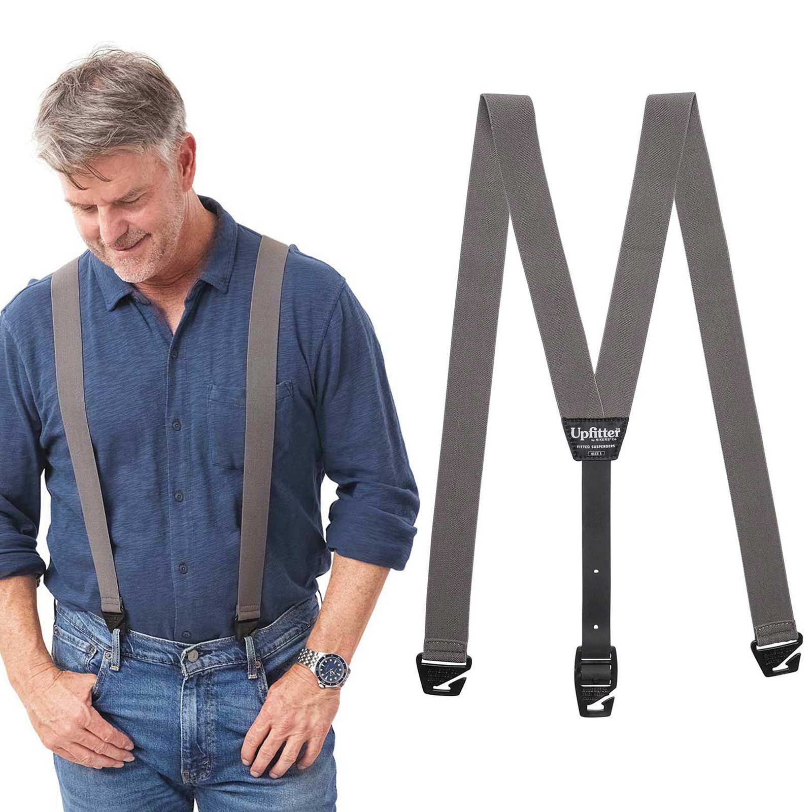 HIKERS – Upfitter Hidden Suspenders for Men Under Clothes 47in – Large, Grey
