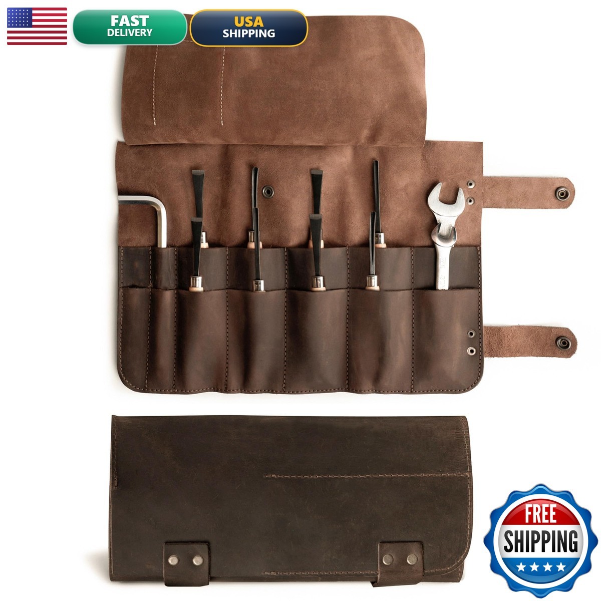 Hide & Drink Leather Snap Tool Roll Up Bag 14 Slots Bourbon Brown