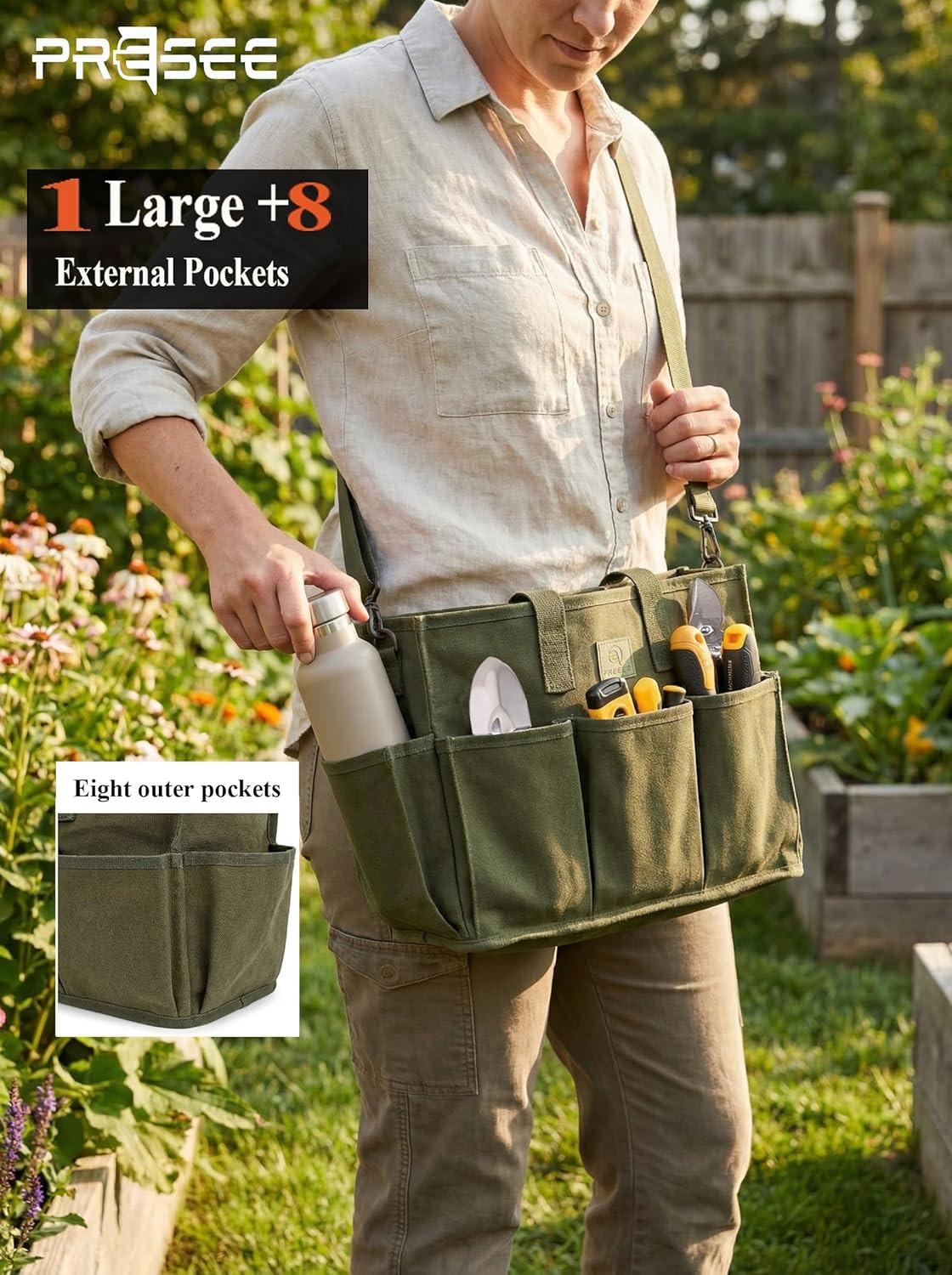 Heavy Duty Canvas Gardening Tote Bag with Pockets, Large Capacity Tool Organizer