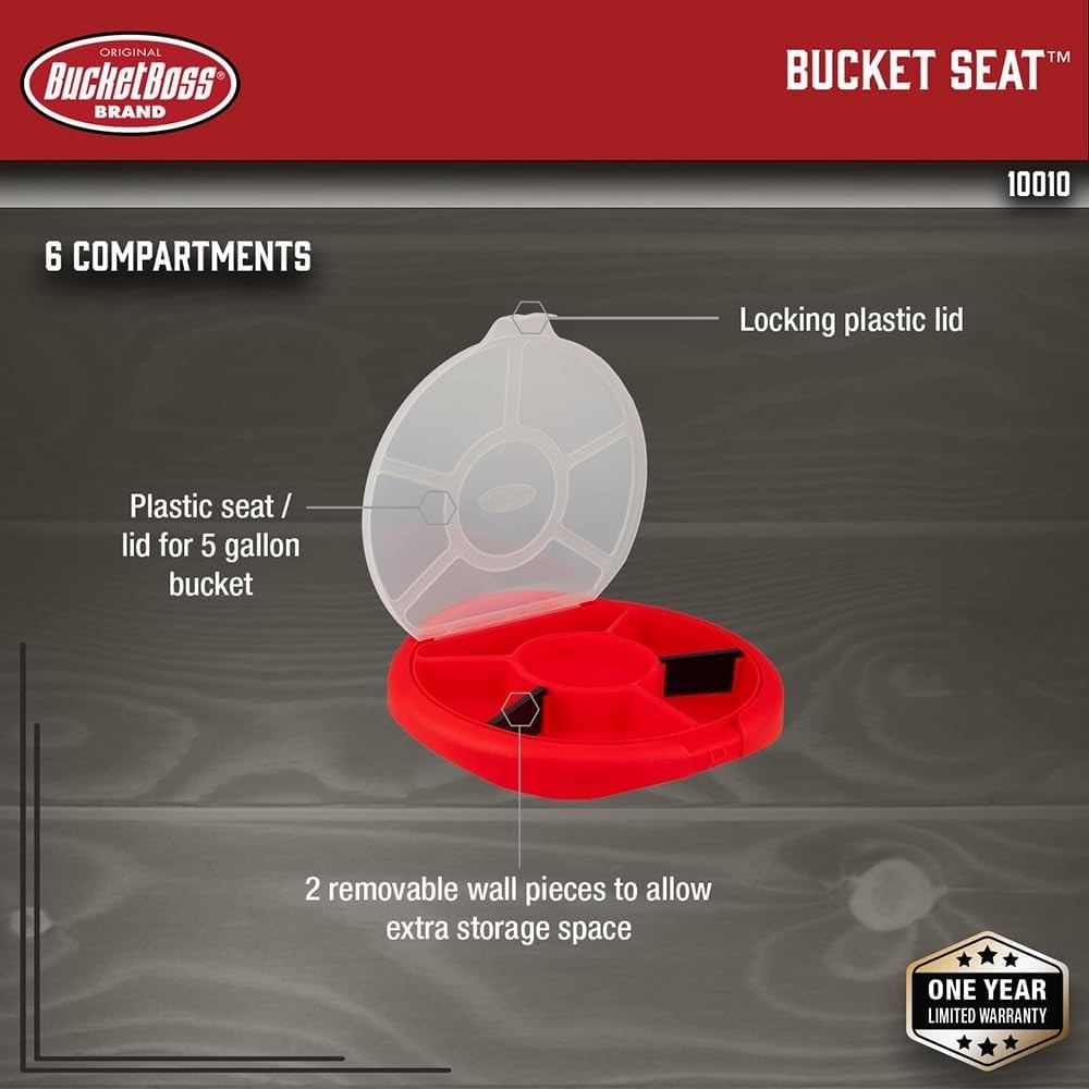 Versatile Small Parts Organizer: 5-Gallon Bucket Seat with 6 Compartments Red