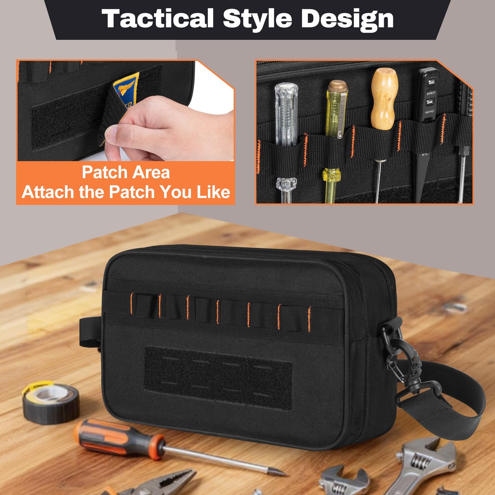 Rexmica Small Tool Bag with 1 Pouch, 11.8 x 3.9 x 7 inches, Black