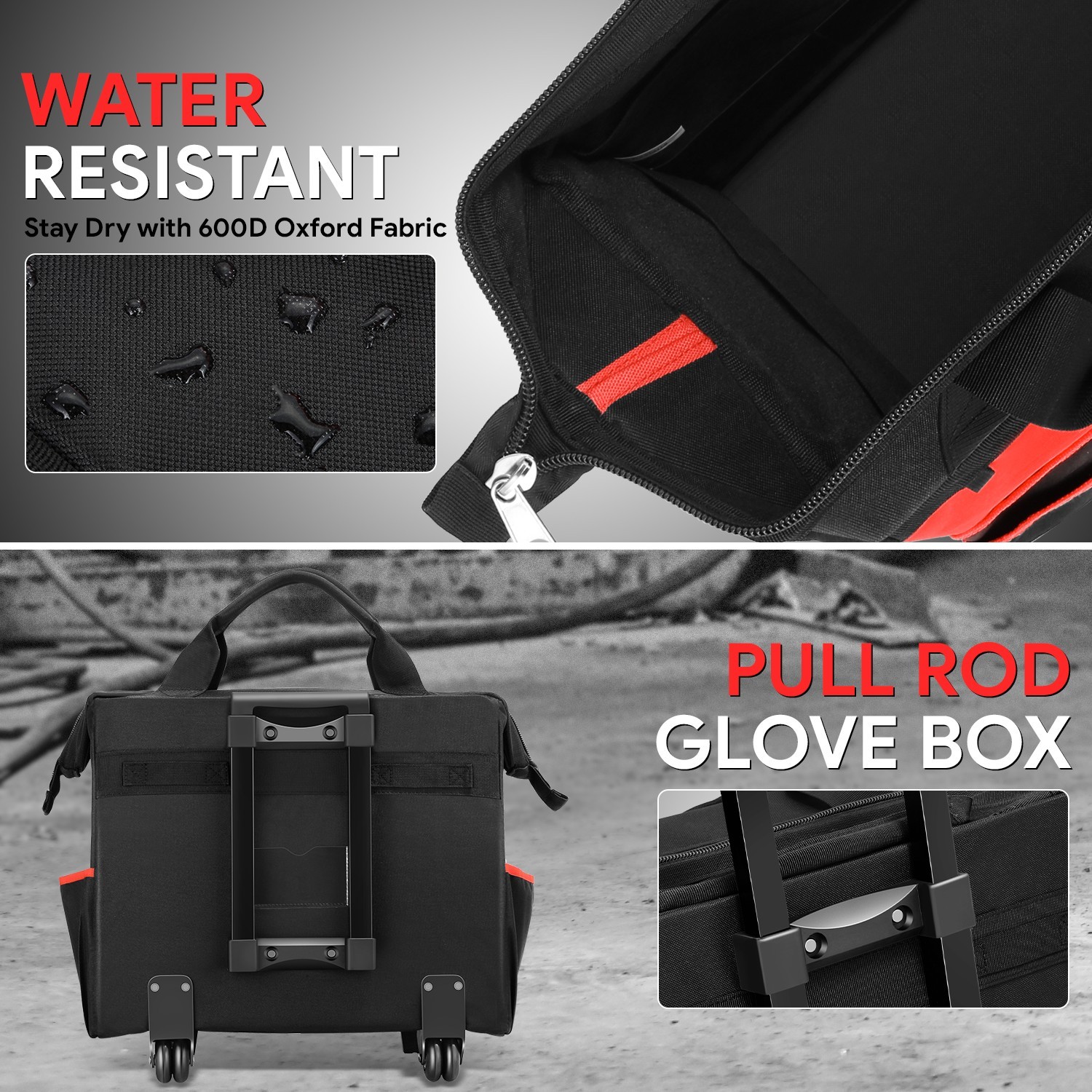 18″L x 8.8″W x 14.5″H 600 Denier Oxford Rolling Tool Bag w/ Telescoping Handle
