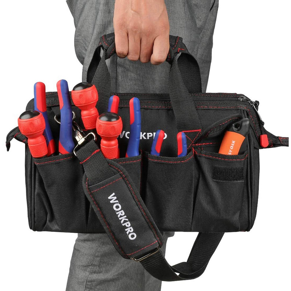 WORKPRO Close Top Wide Mouth Tool Storage Bag 16″/14″/12″ Rubber Base Pocket Bag
