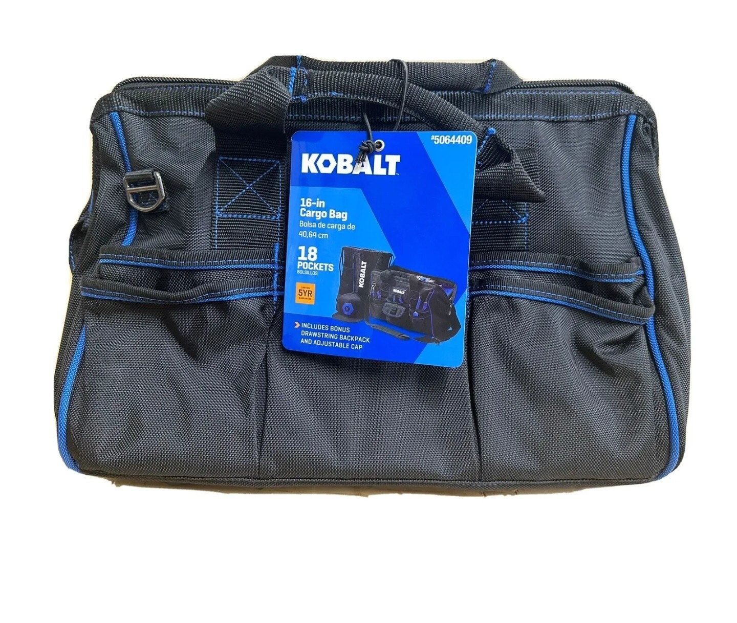 Kobalt 16” Cargo/Tool Bag Includes Drawstring Backpack And Adjustable Cap – New