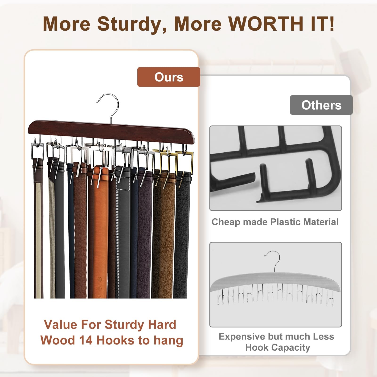 Belt Hanger for Closet Max 42 Belts, Sturdy Wood Belt Rack Closet Accessories..
