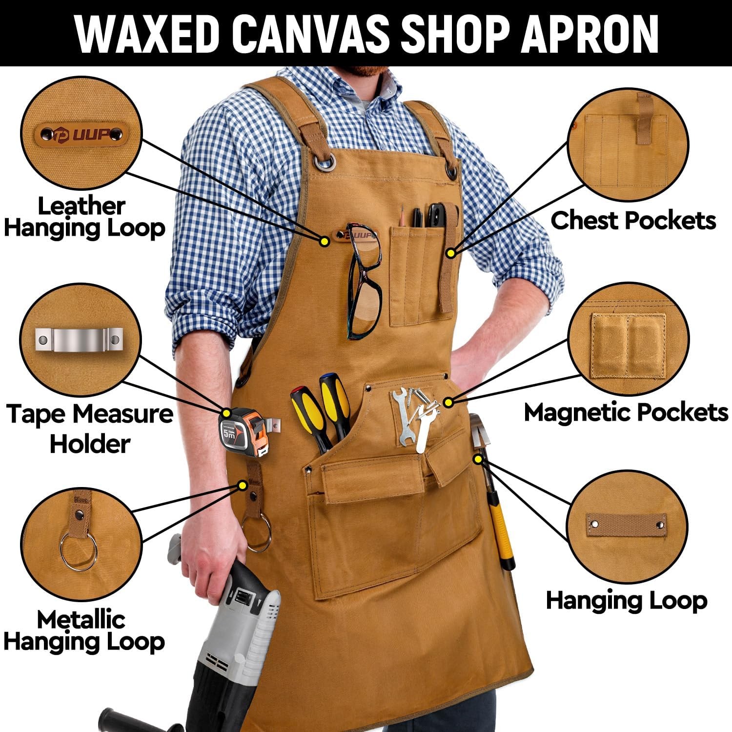 9-Pocket 20oz Canvas Woodworking Work Apron Adjustable S-3XL Khaki