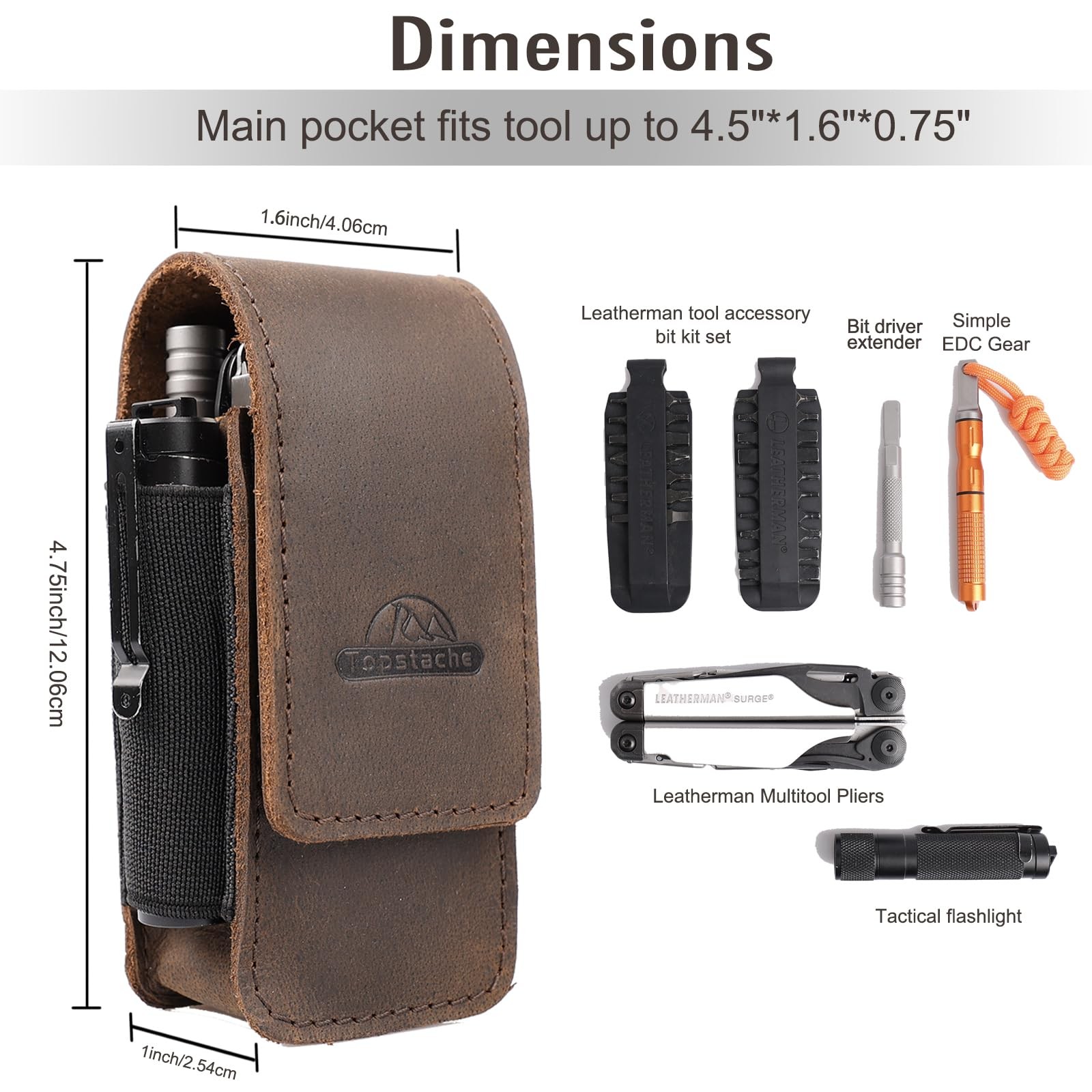 Topstache Leather Multitool Sheath for Belt – Large, Darkbrown