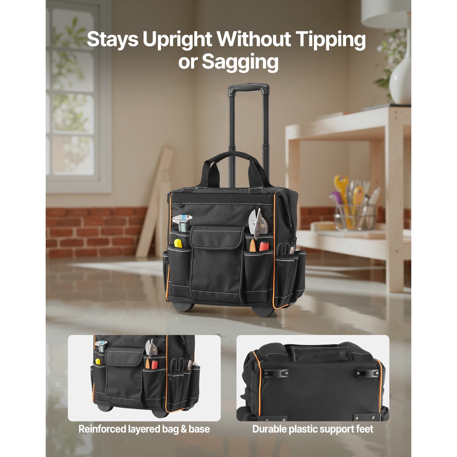 Rolling Tool Bag w/ Wheels, 110 lbs Load Capacity, 25 Pockets for Heavy Duty Use