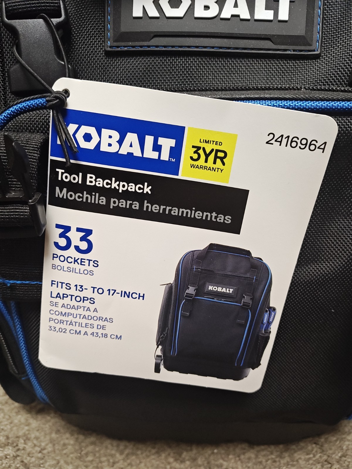 Kobalt Tool Backpack Hard Molded Base FFE 33 Pockets 19*15*8 #2416964