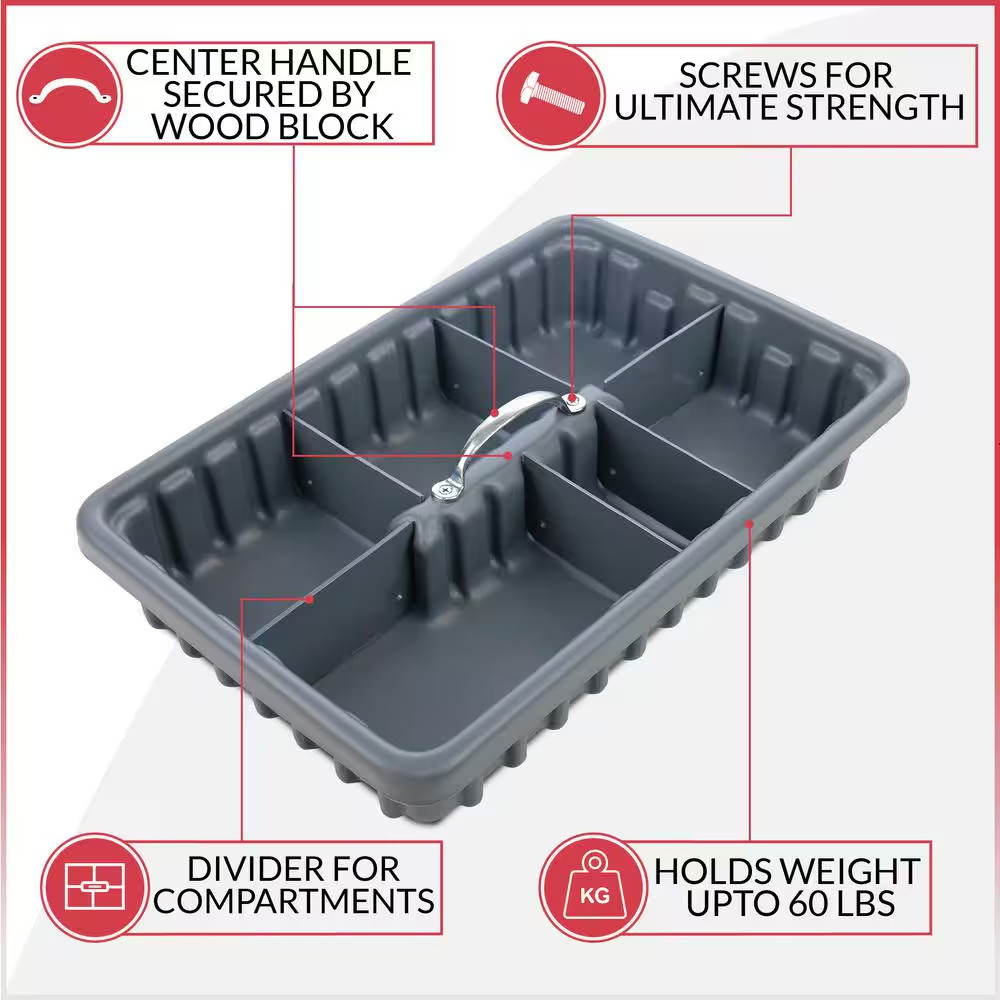 Professional Grade 17 In. Gray Polyethylene Tote Tray with 6-Dividers
