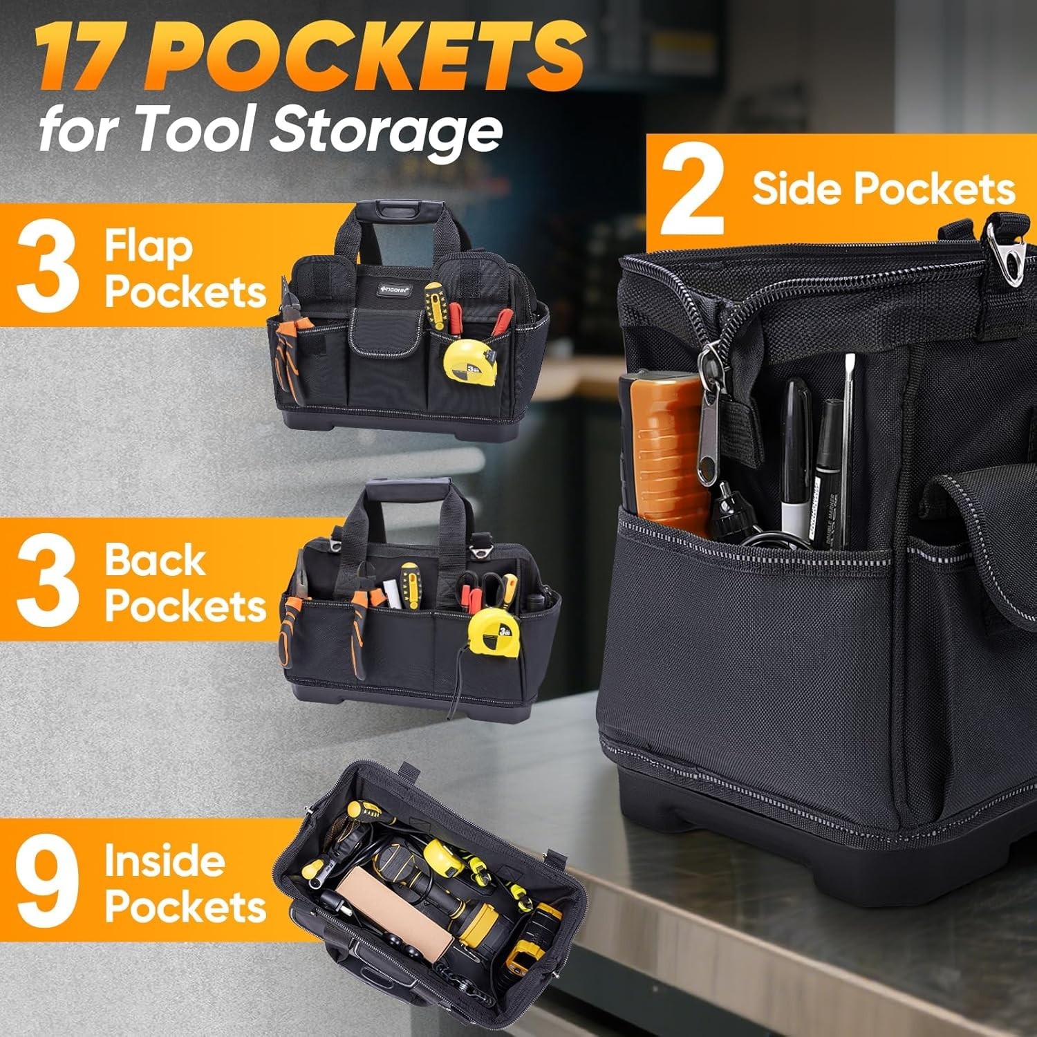 16″ Portable Tool Organizer Bag with Adjustable Strap & Ergonomic Handle – Black