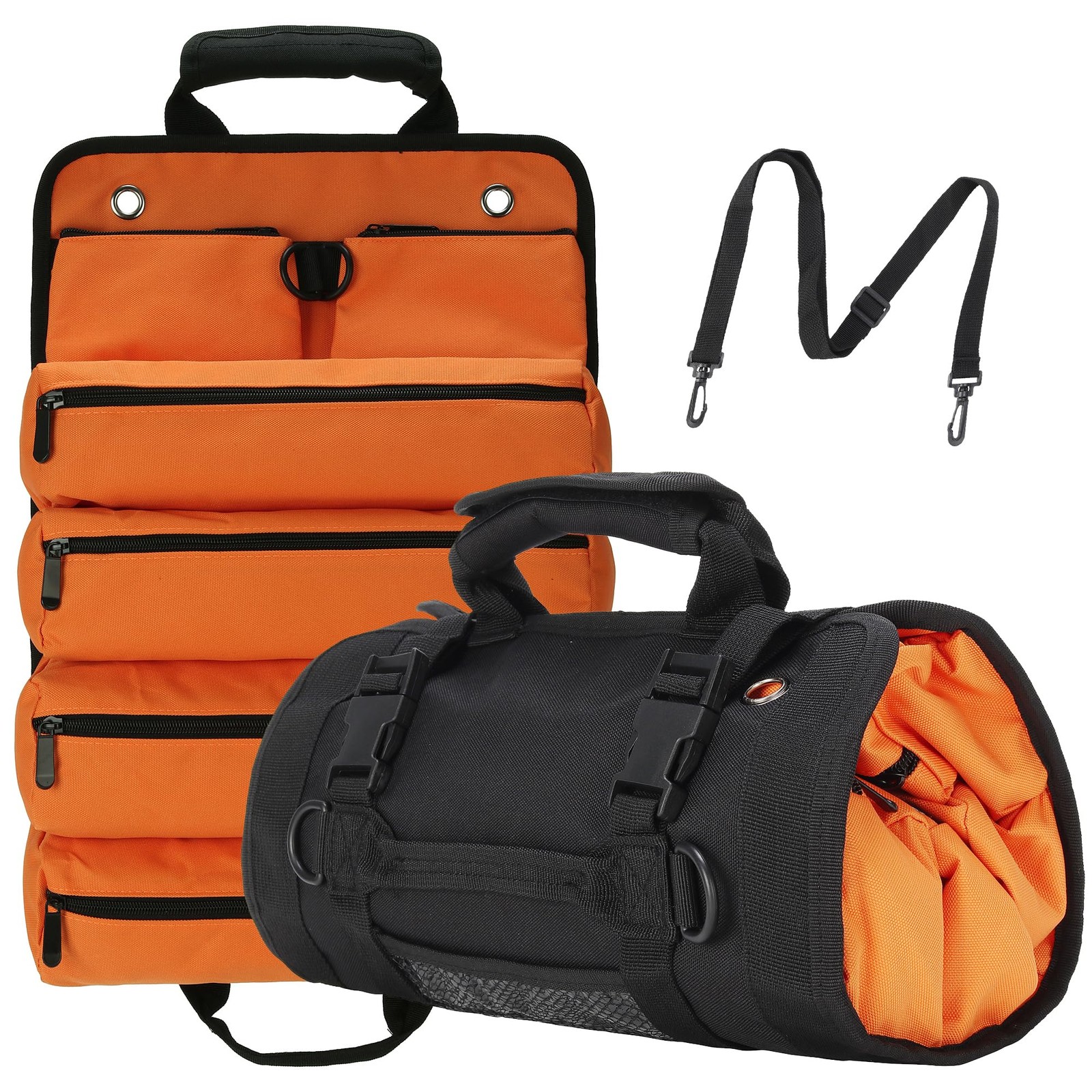 Tool Roll Bag Organizer Carrier Storage 6 Zipper Pockets Strap Mechanic Orange