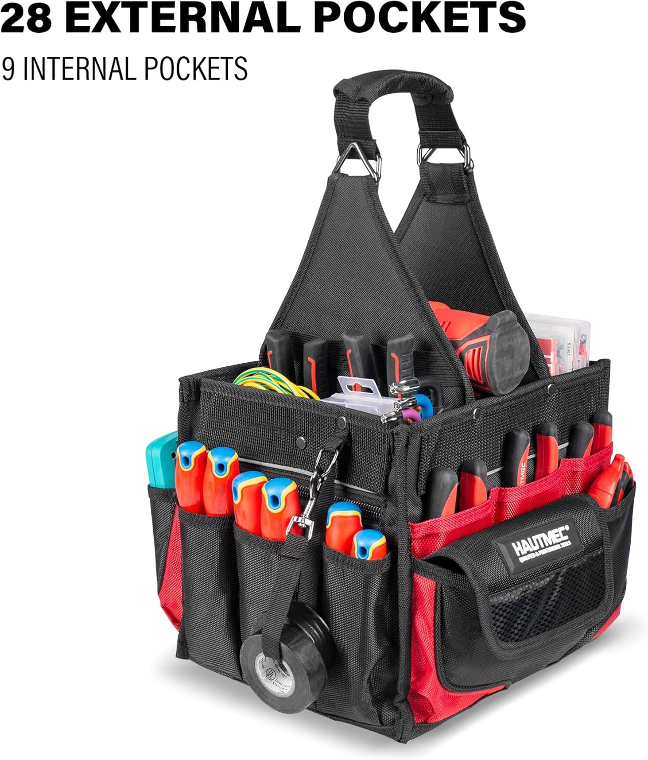 HAUTMEC Heavy-Duty Electrician Tool Bag with Parts Tray, 37-Pocket Open Top Tool